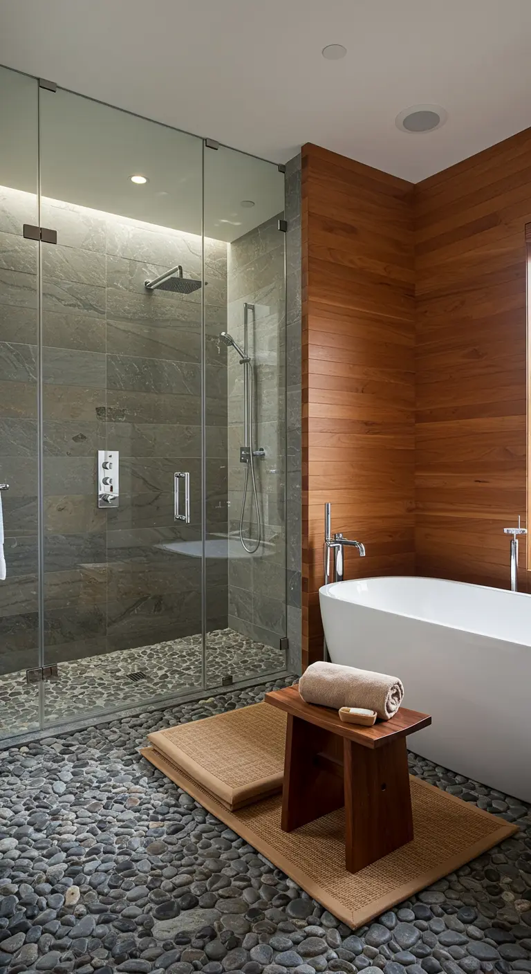 A modern bathroom with a pebble stone floor, wood wall, and freestanding tub.