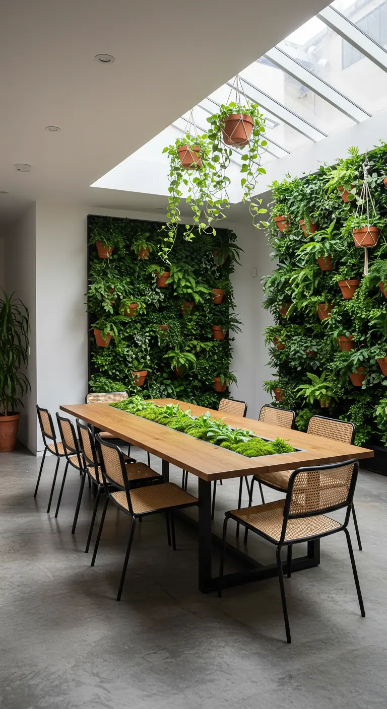 Dining room with two living green walls, a skylight, and cane-back chairs.