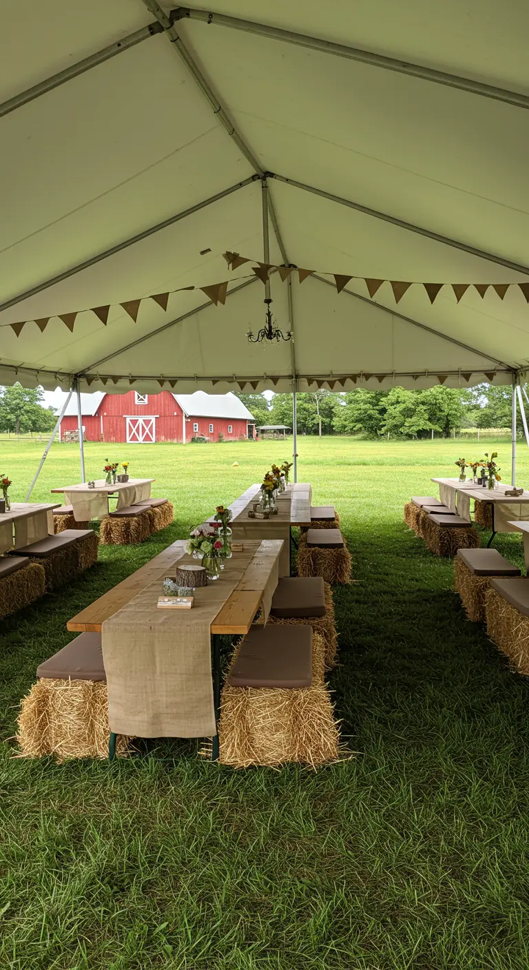 Long tables with hay bale seating set up for a party inside a large white tent.