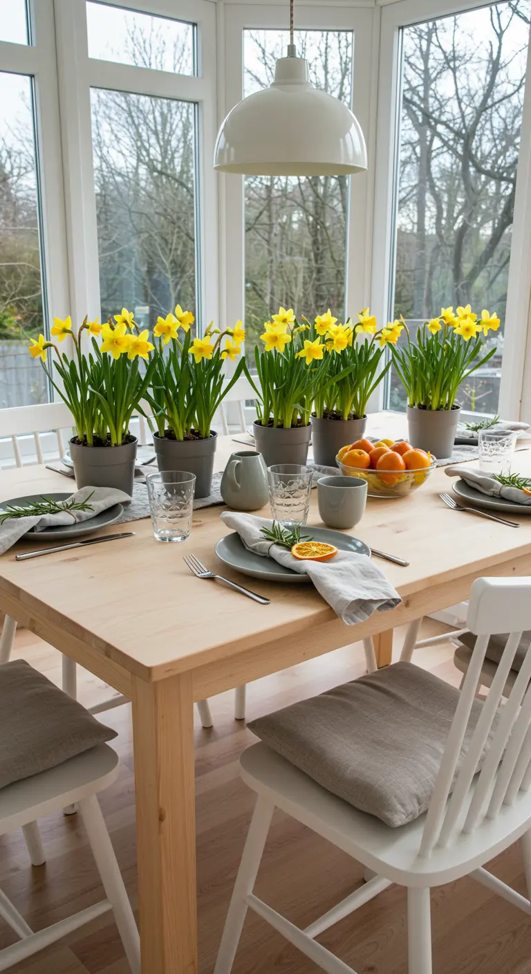 A sunroom table with a row of potted yellow daffodils as the centerpiece.