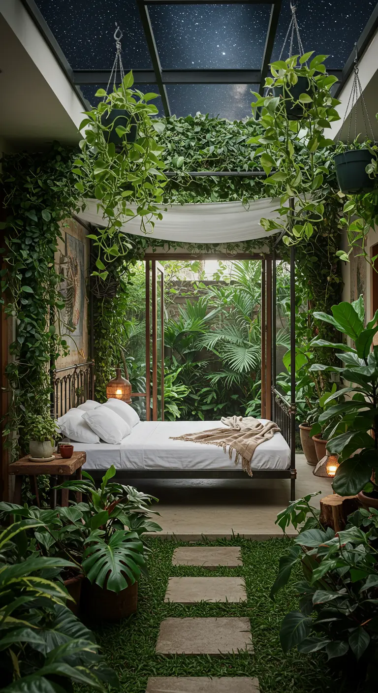 Bedroom with a glass ceiling and lush hanging and climbing plants.