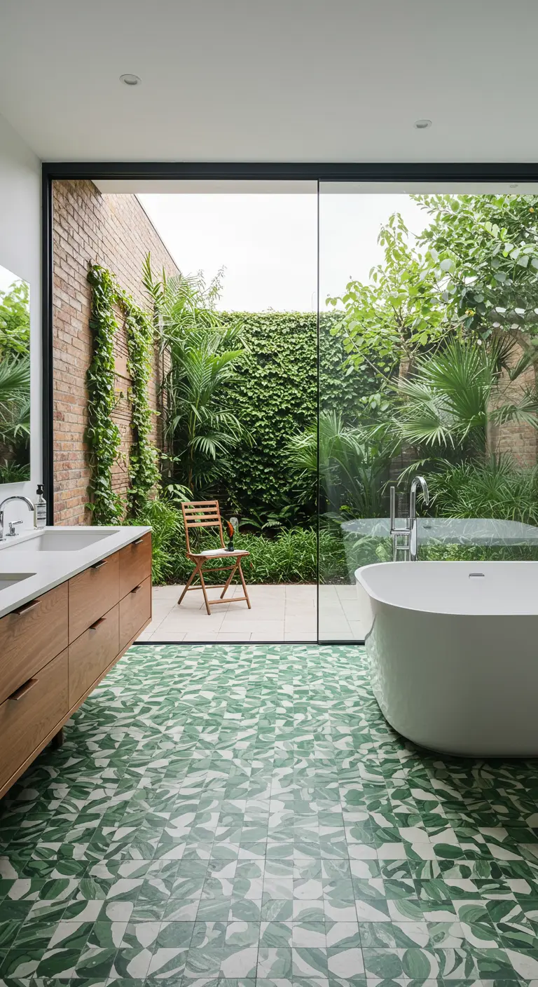 Bathroom with green leafy patterned tile floor and a glass wall overlooking a garden.