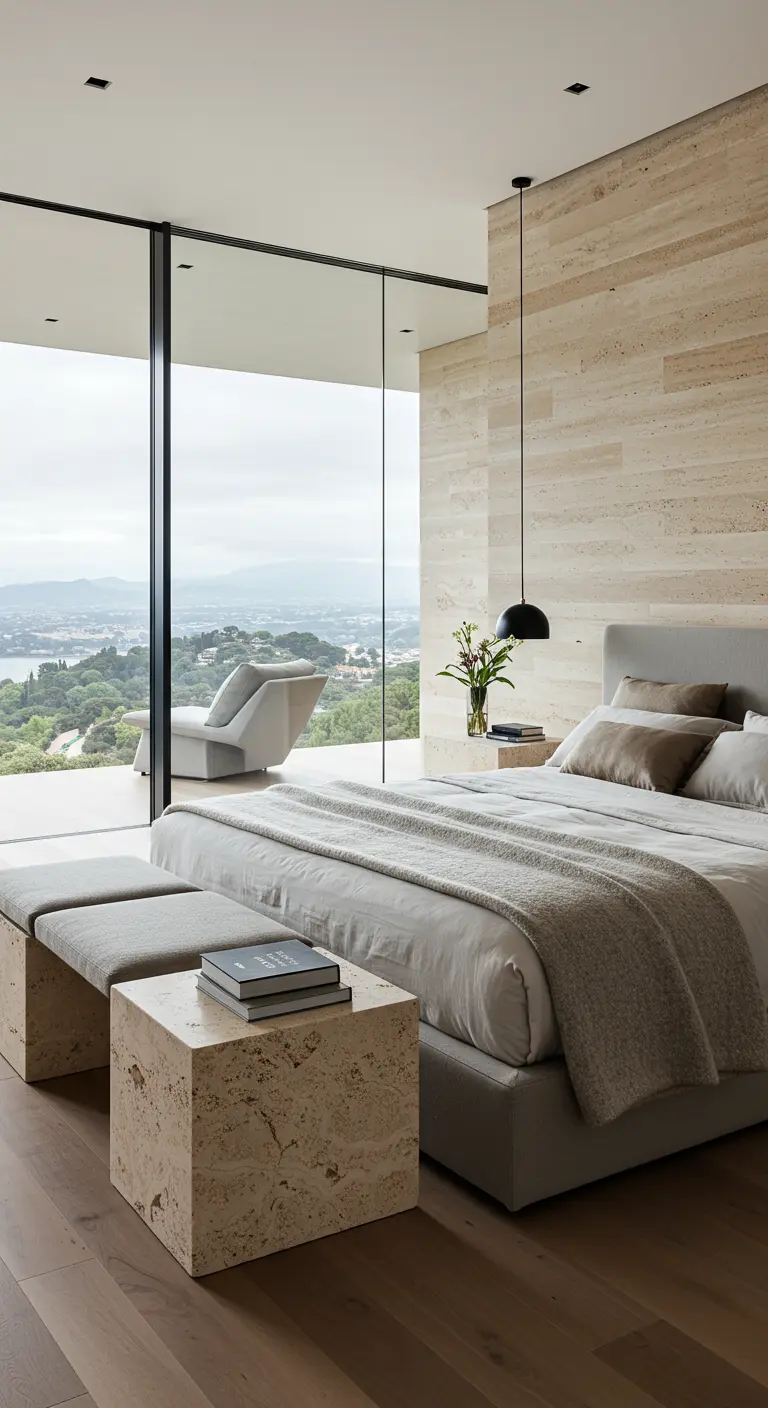 Modern bedroom with a travertine accent wall and matching stone block bedside tables.