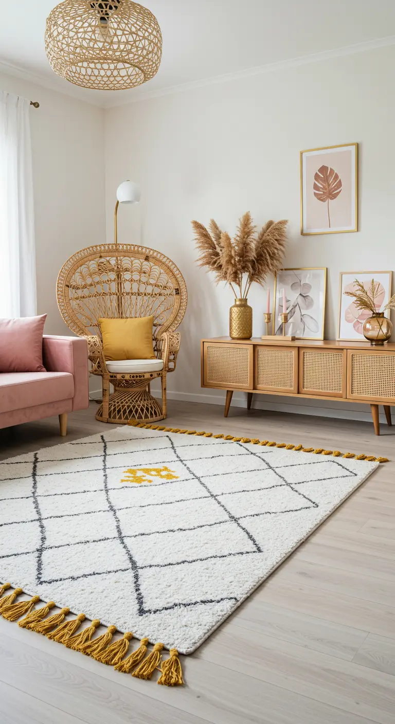 Rattan peacock chair and blush sofa with a Moroccan rug featuring mustard yellow tassels.