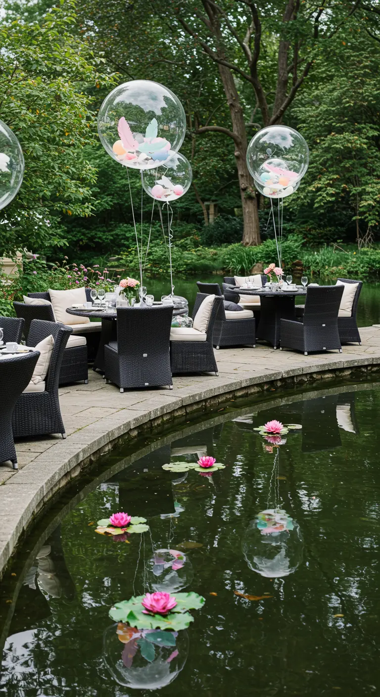 Lakeside tea party with clear balloons floating in the air and on the water.