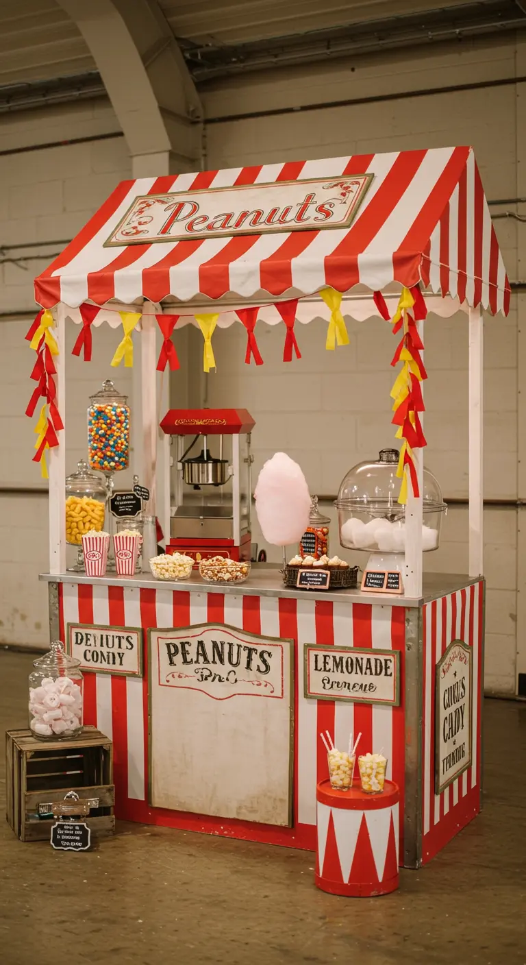 A DIY red-and-white striped concession stand serving popcorn and candy.