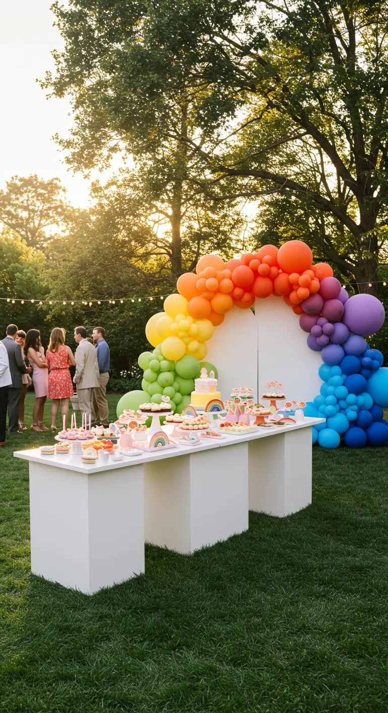 A rainbow balloon arch frames a white dessert table at an outdoor party.