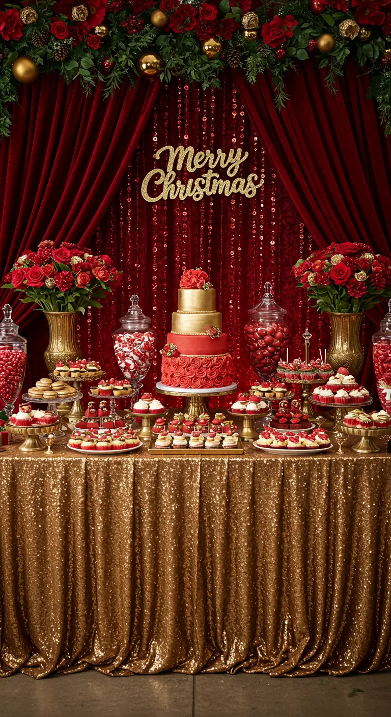 A lavish red and gold dessert table with a tiered cake and velvet backdrop.