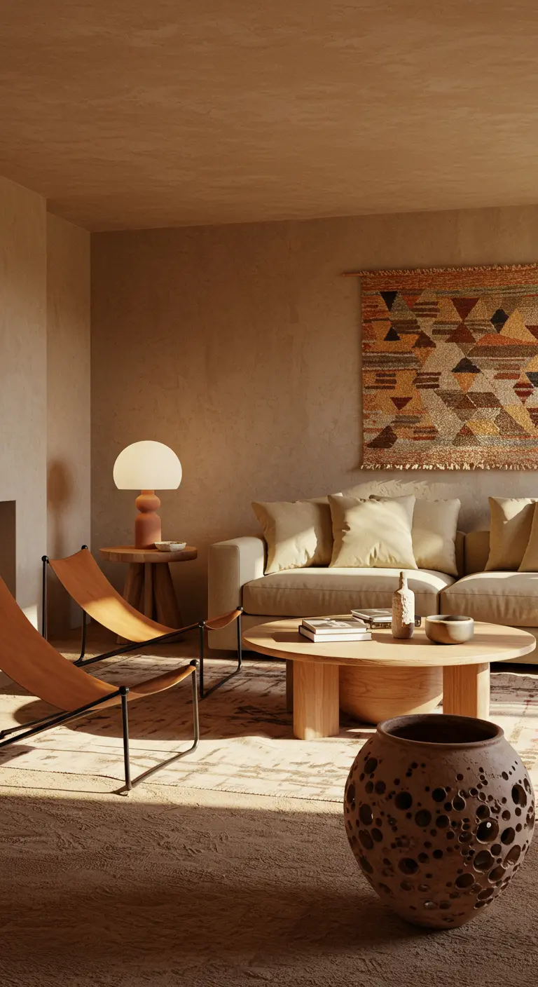 Earth-toned living room with a beige sofa, leather sling chairs, and a large woven wall tapestry.