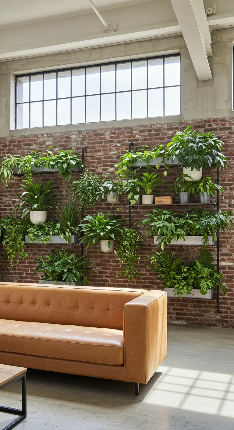 A tan leather sofa sits in front of a brick wall covered in plants.