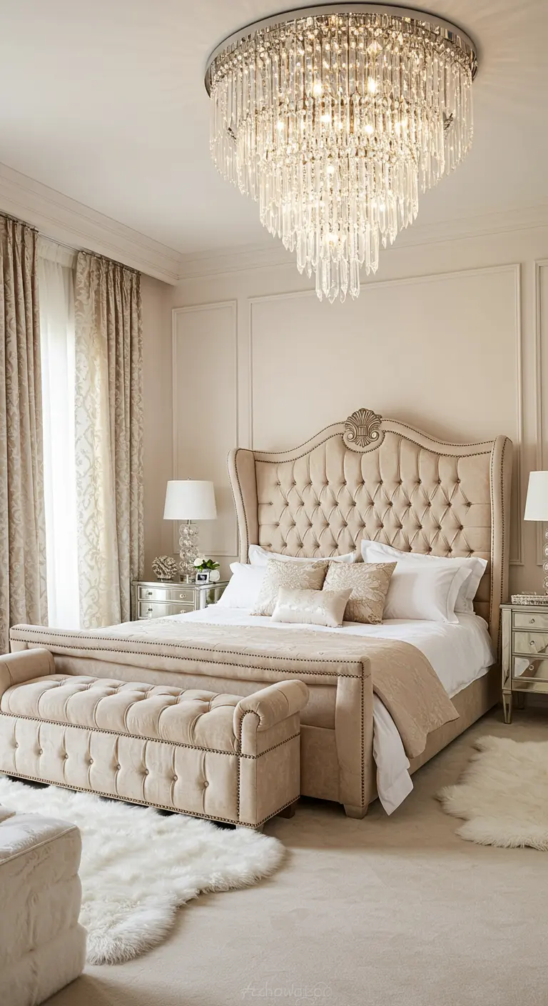 Luxurious beige bedroom with a tufted wingback bed, matching bench, and crystal chandelier.