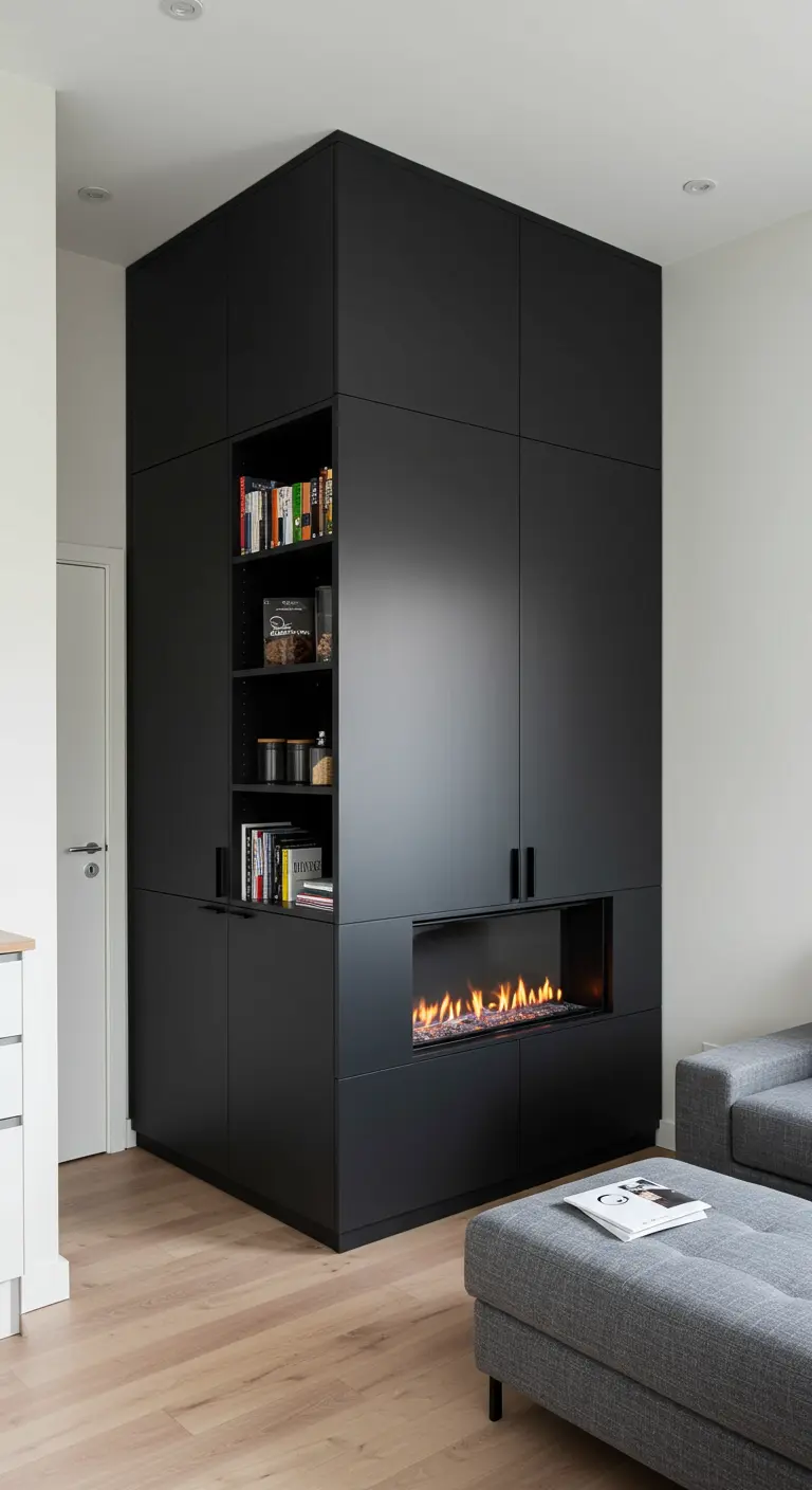 A floor-to-ceiling matte black unit containing a fireplace, open bookshelves, and closed cabinets.