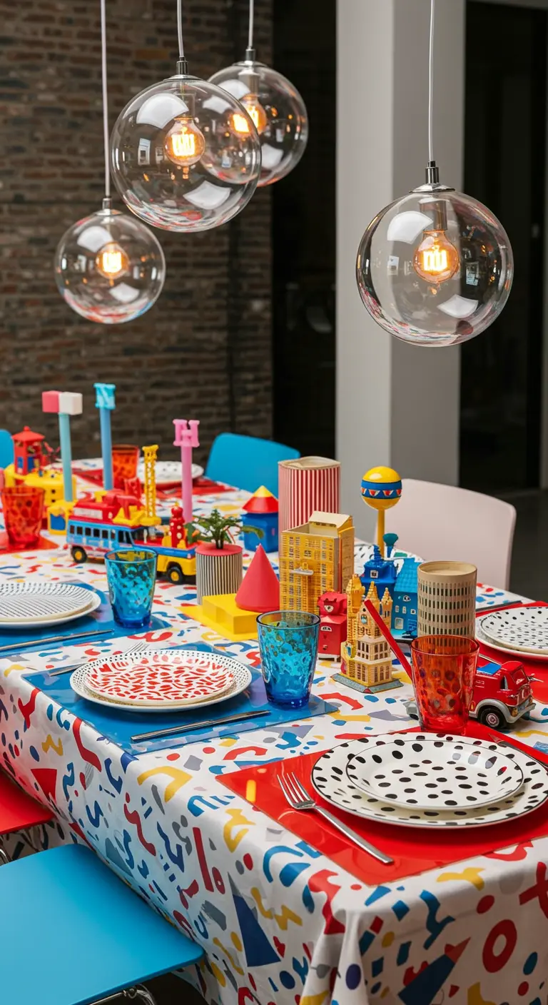 A playful tablescape with primary colors, building block decorations, and polka-dot plates.