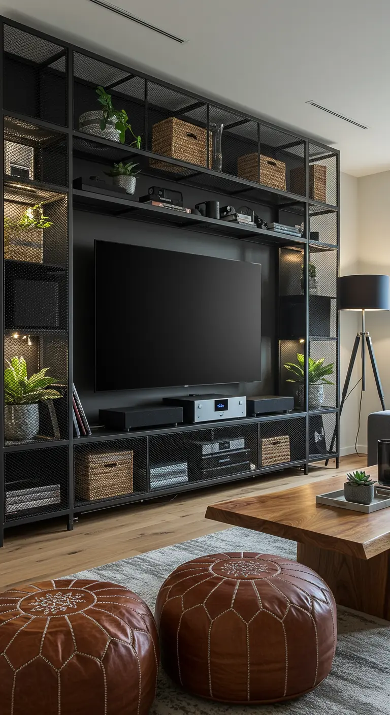 A full wall of black mesh shelving designed as a media center with an integrated television.