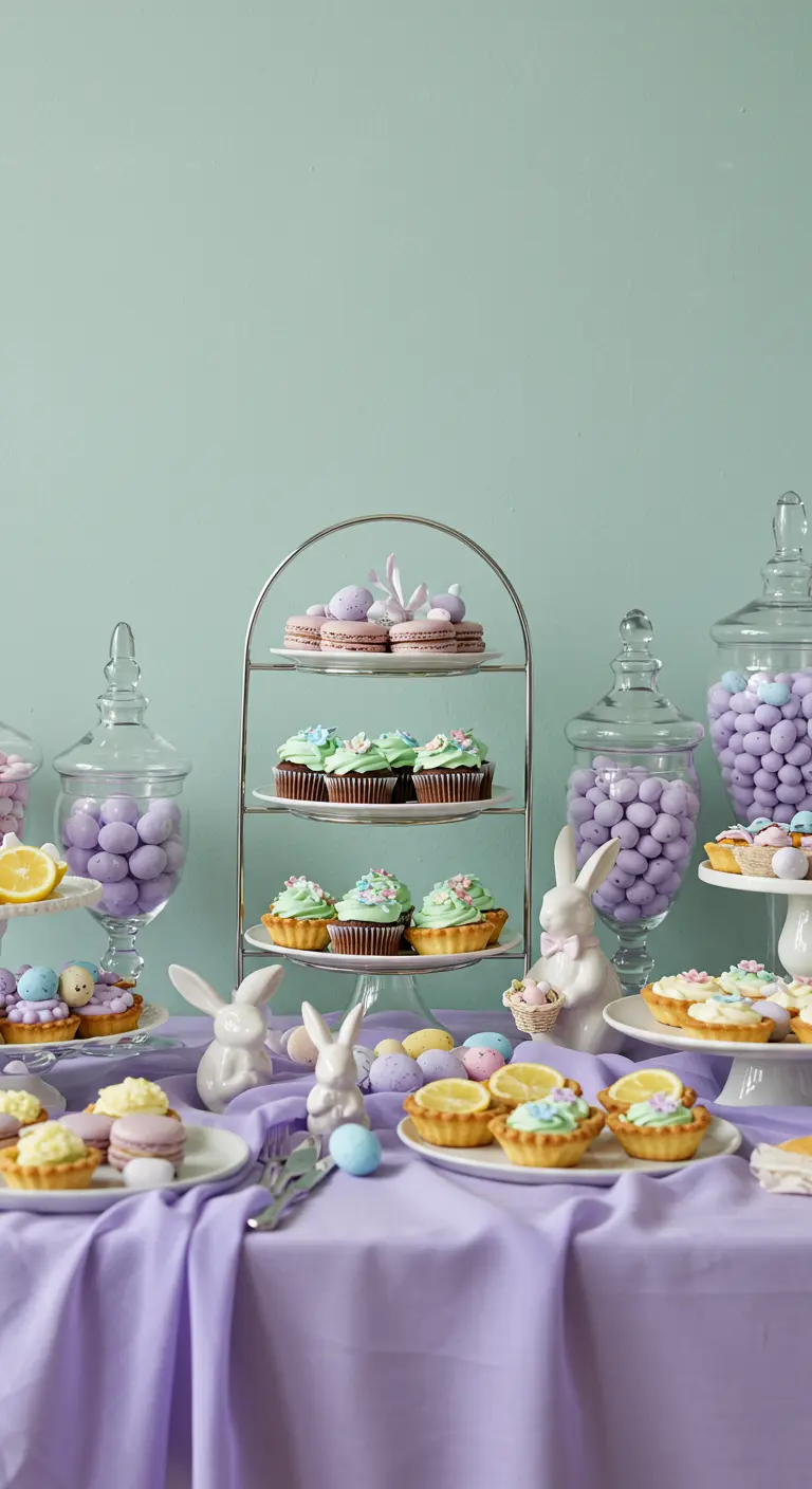 Lavender and mint Easter dessert table with tiered stands and candy jars.