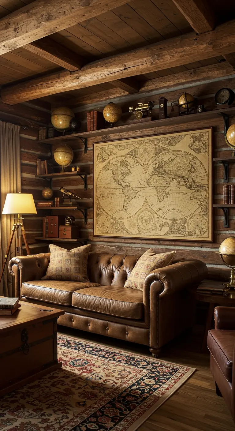 Rustic study with a leather Chesterfield sofa and a large vintage world map on the wall.
