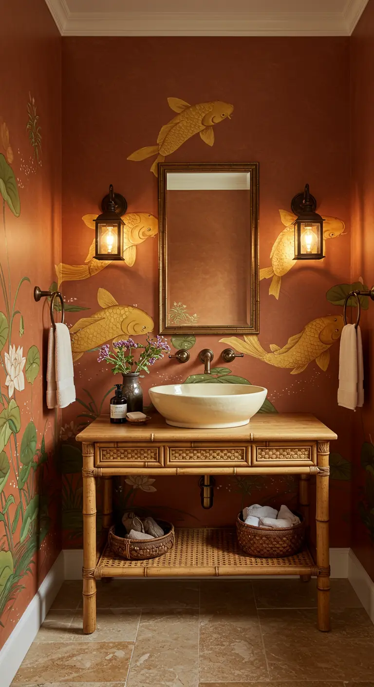 Warm bathroom with burnt orange koi fish wallpaper and a bamboo vanity.