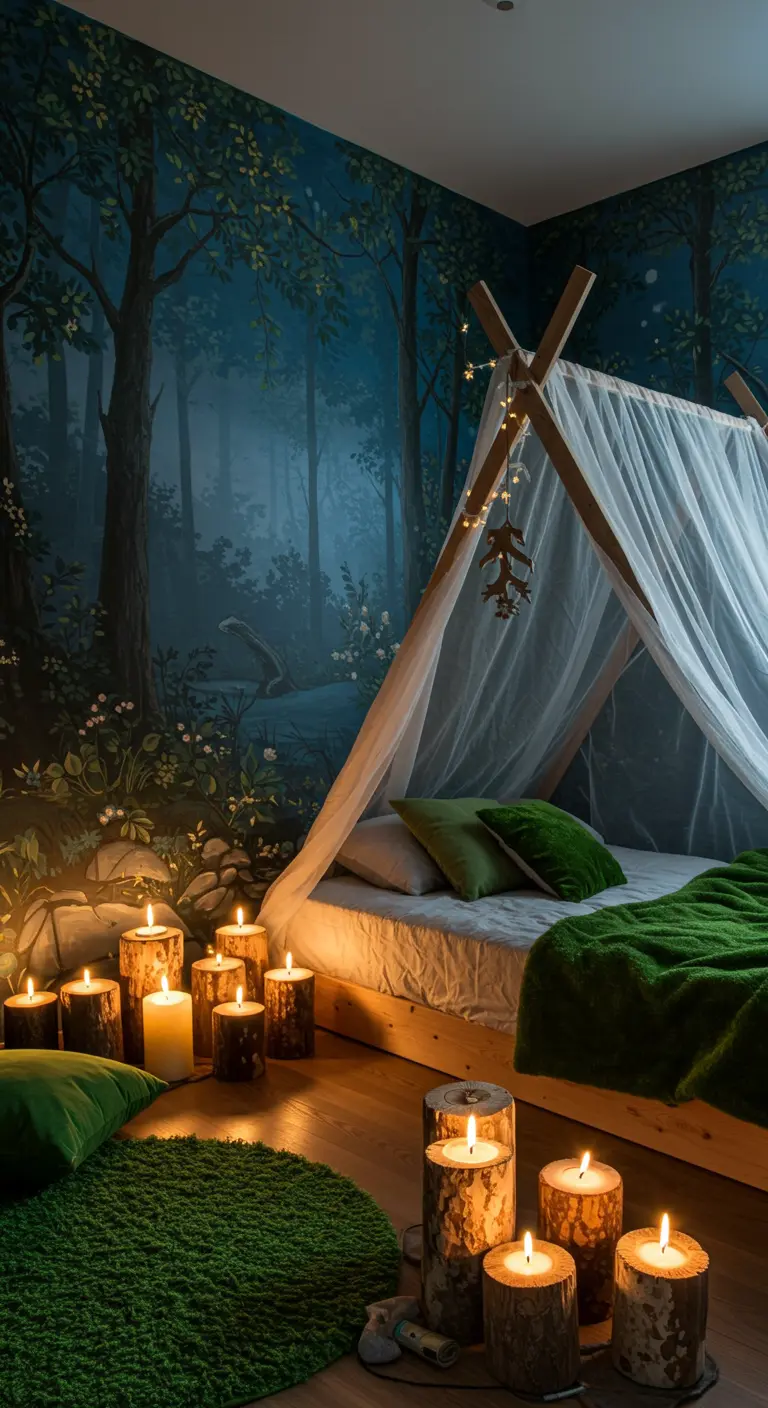 Forest-themed bedroom with a tent-like canopy, green velvet, and log candles.