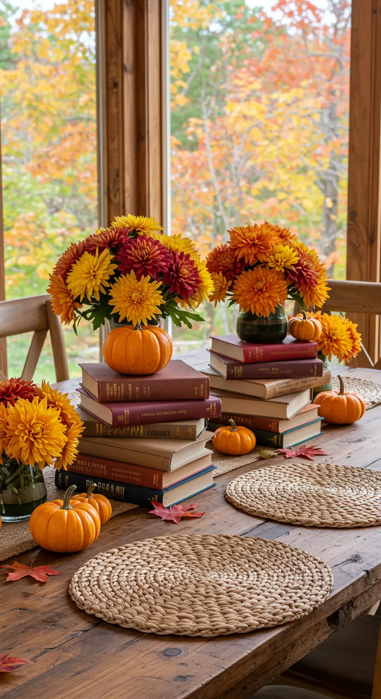 An autumn-themed table with book stacks, pumpkins, and bouquets of orange and yellow mums.