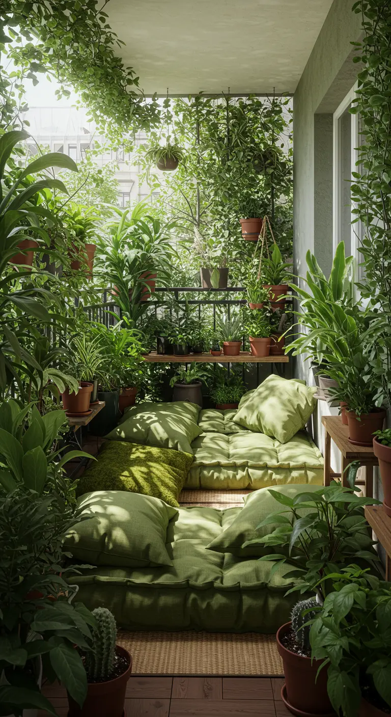 A balcony overflowing with dense green plants at every level, creating a jungle-like canopy.
