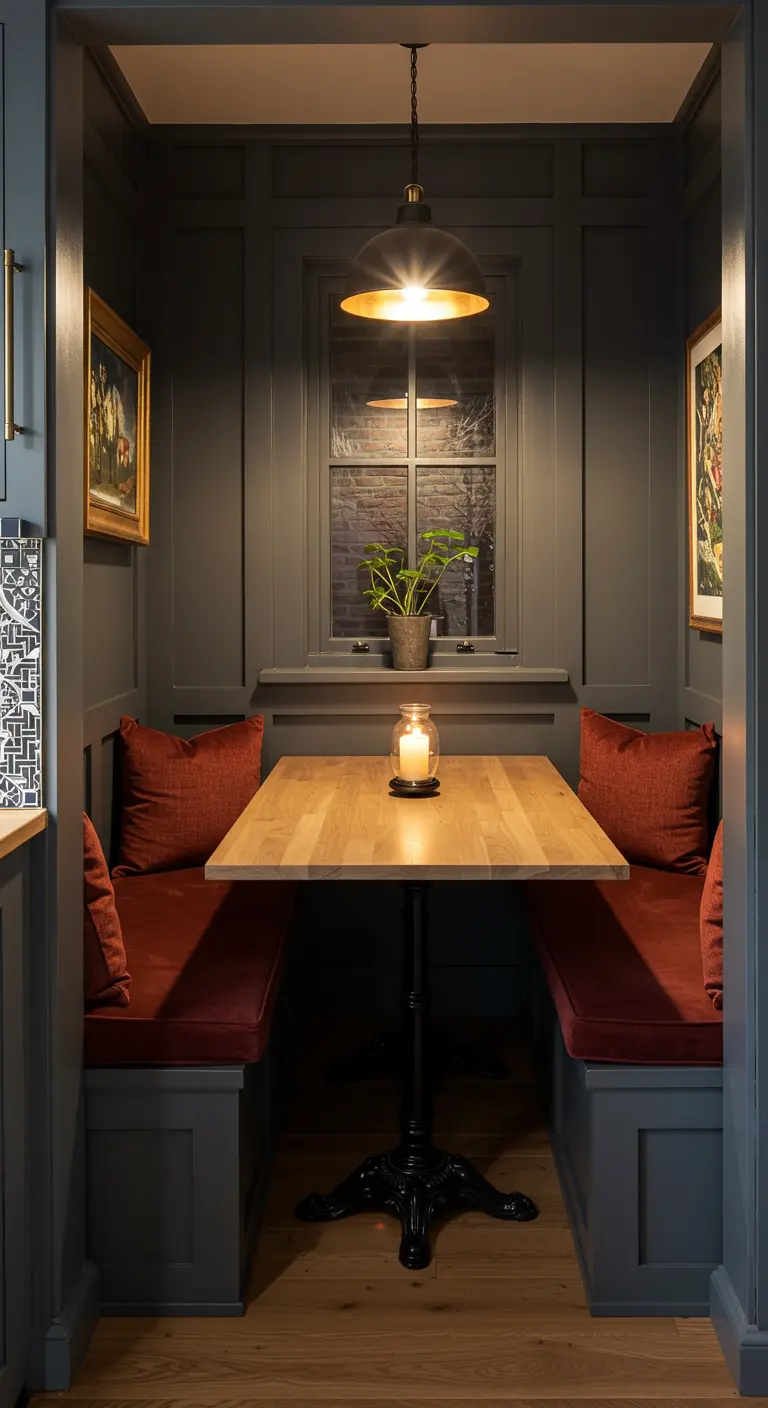 A cozy dining booth with charcoal paneled walls, rust-colored velvet cushions, and a single pendant light.