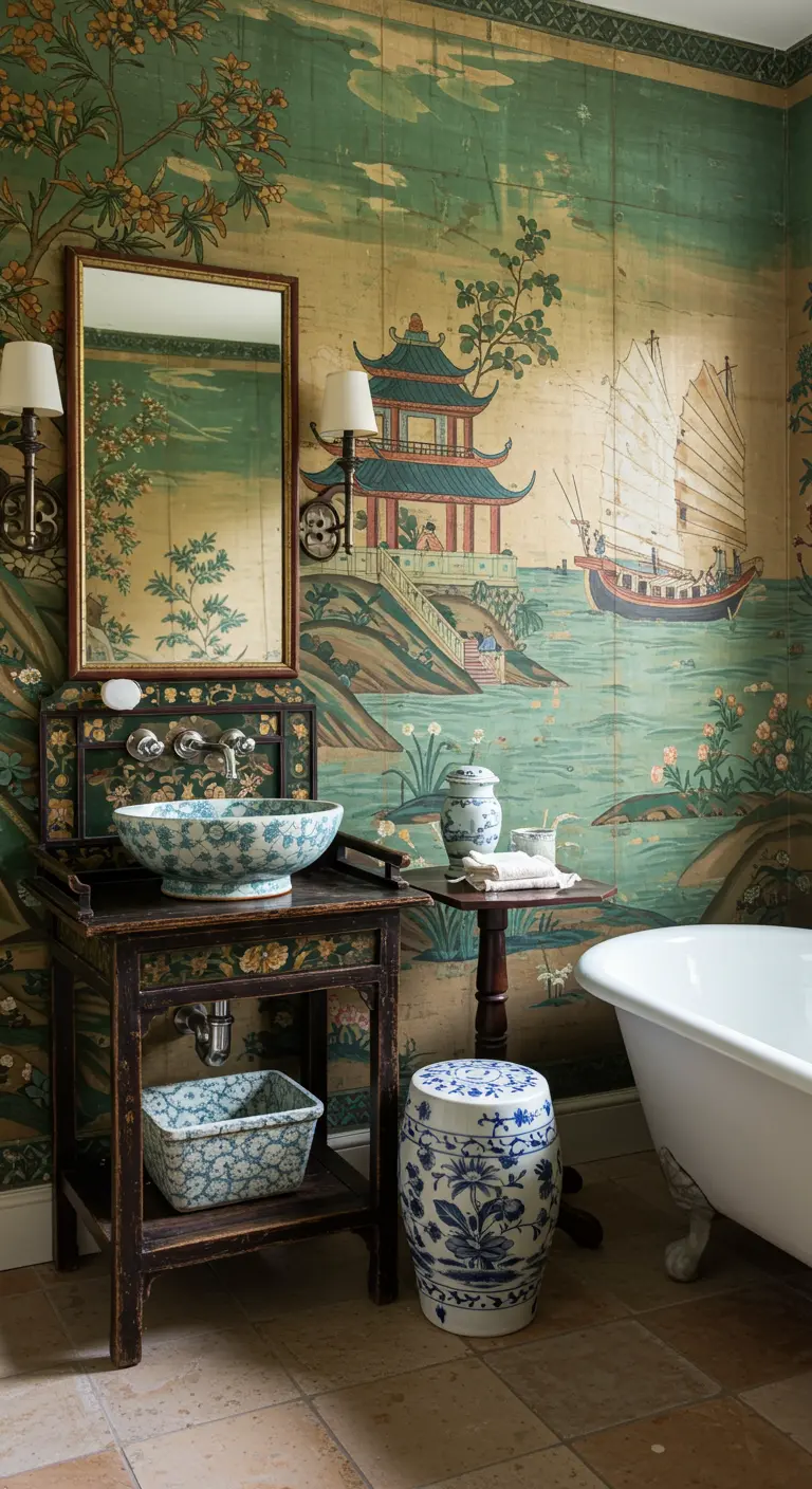 Bathroom with green Chinoiserie mural and an antique washstand vanity.