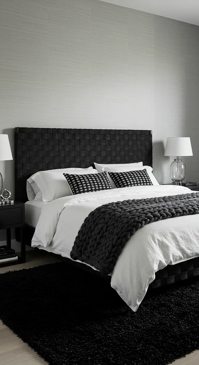 A dark bedroom featuring a black woven leather headboard and a chunky grey knit blanket.