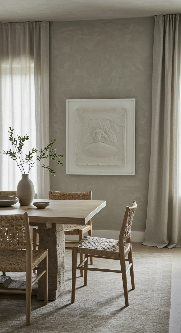 Monochromatic dining room with textured wallpaper, bas-relief art, and woven chairs.