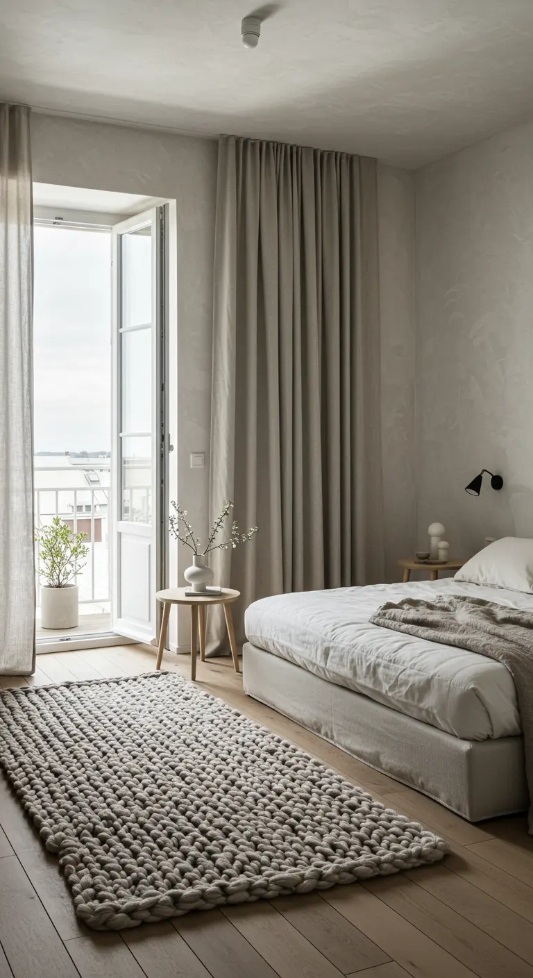 A neutral bedroom with a chunky knit rug, linen bedding, and floor-to-ceiling beige curtains.