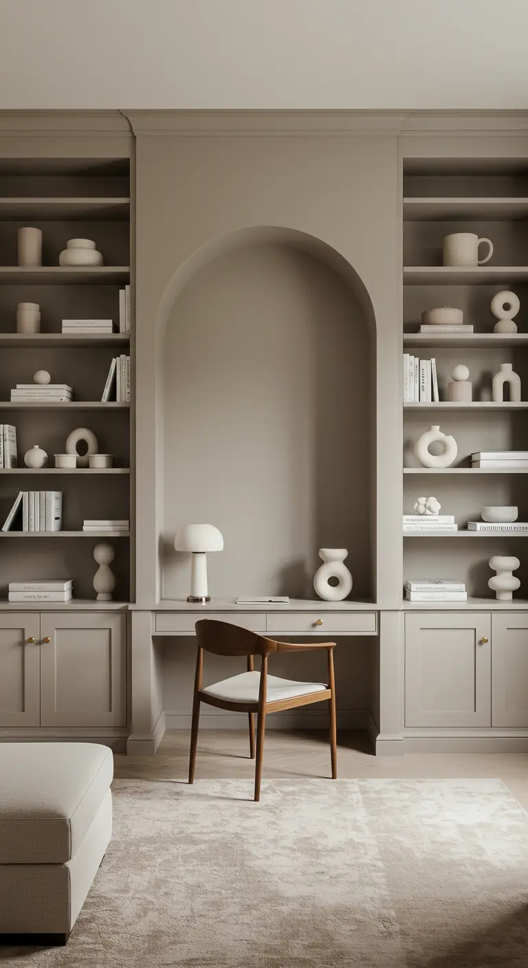 A home office with a built-in desk nook set within an arched recess and surrounded by shelving.