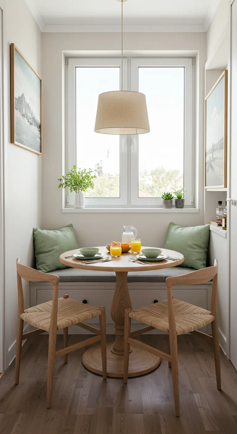 Cozy breakfast nook with a built-in bench, round wood table, and green pillows.
