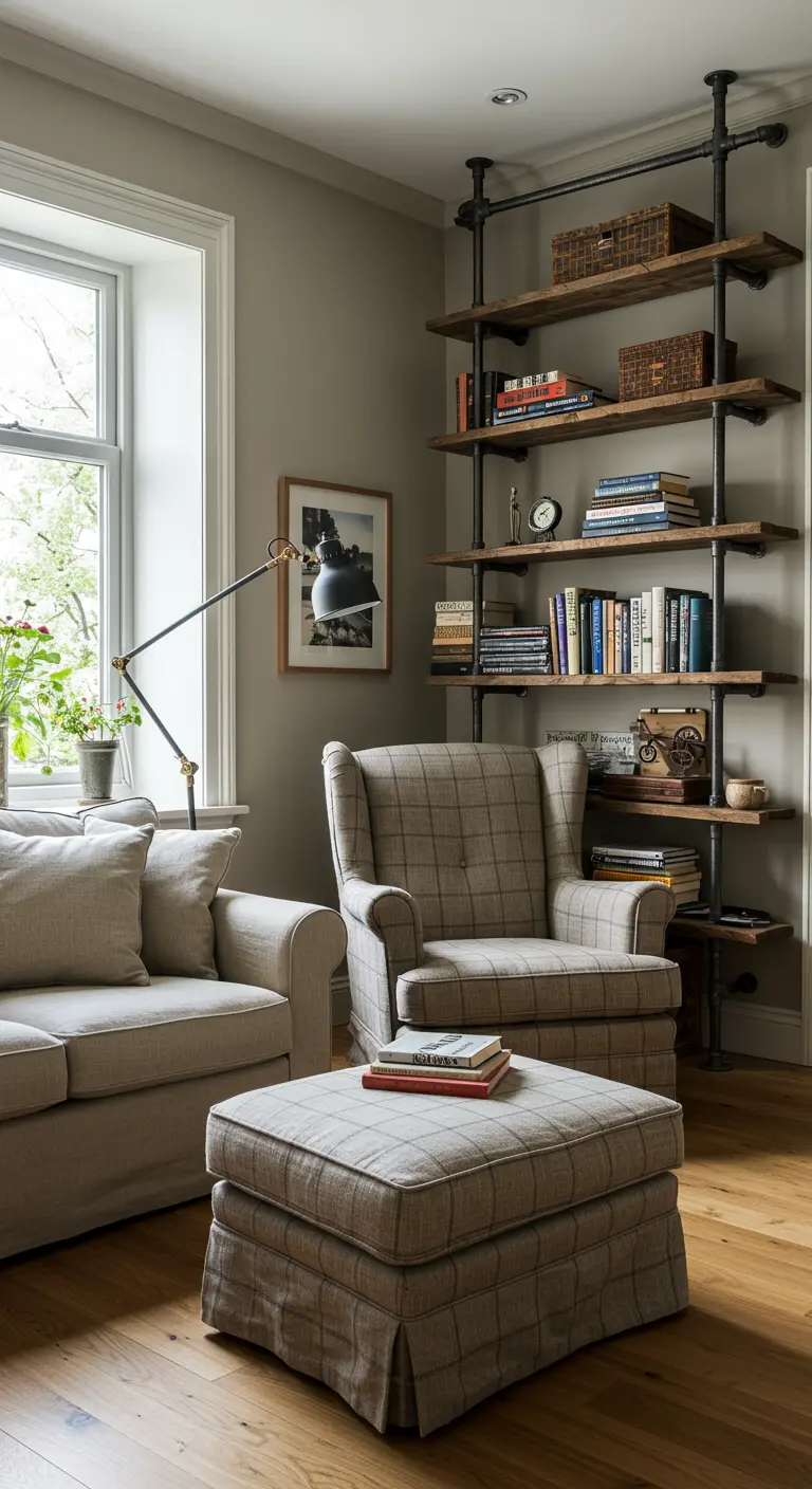 Industrial-style shelves made of dark pipes and wood planks in a cozy reading corner.