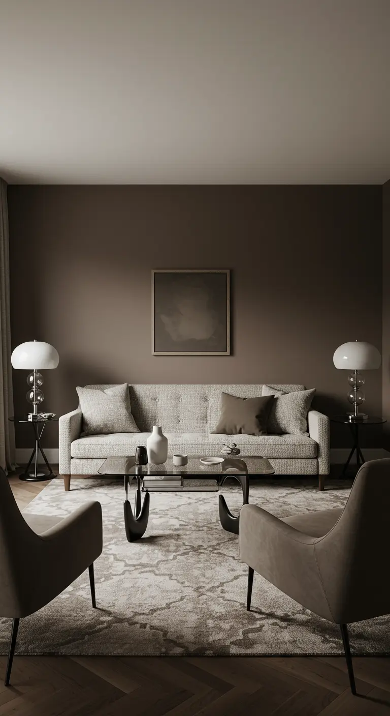 Monochromatic taupe living room with a textured sofa and a subtle gray patterned rug.