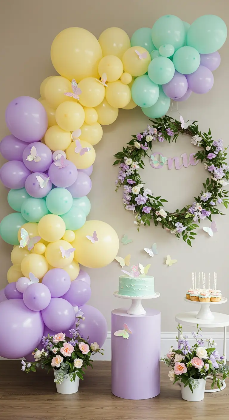 A pastel balloon arch in purple, yellow, and mint, decorated with paper butterflies.