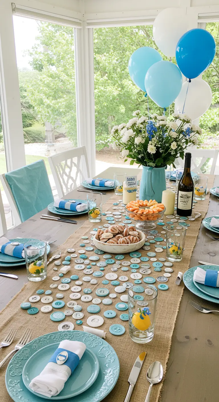 A burlap table runner decorated with a cascade of blue, teal, and white buttons.