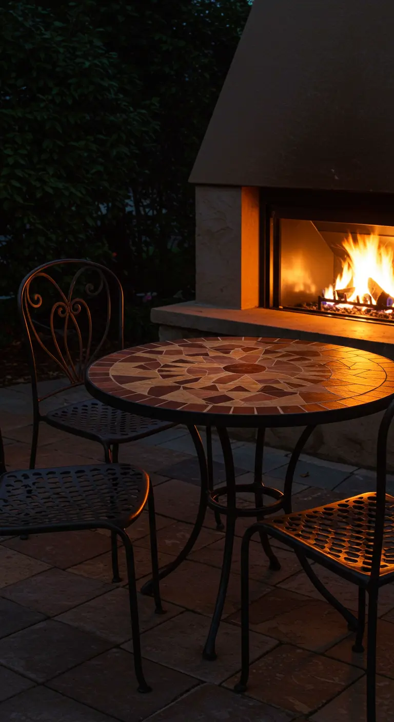 A wrought-iron bistro set with a warm-toned mosaic table glowing in front of an outdoor fireplace.