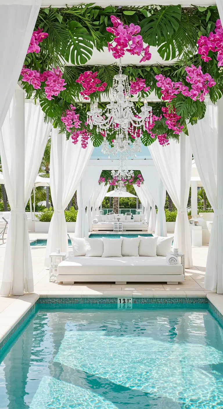 A poolside cabana with a ceiling of tropical leaves and a crystal chandelier with pink orchids.