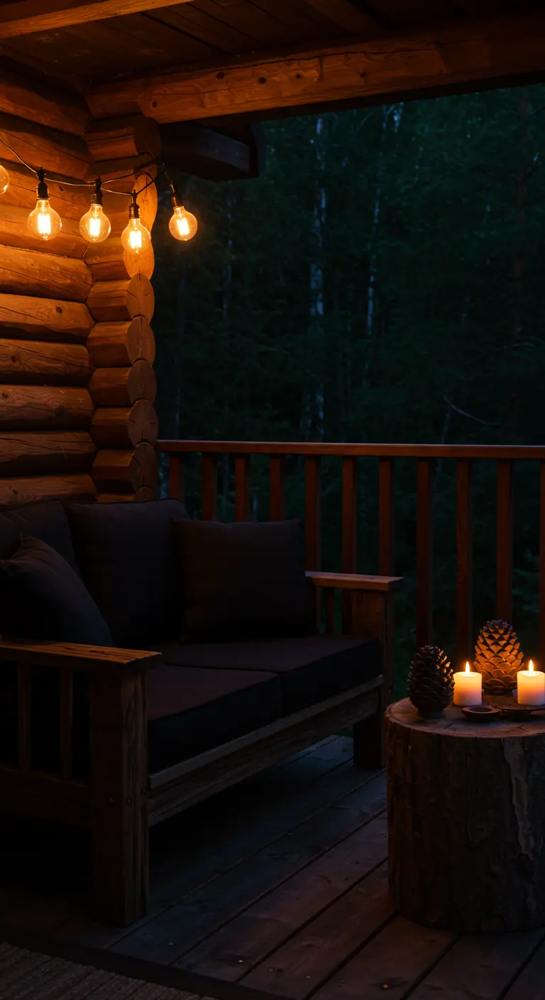 A rustic log cabin porch with a wooden loveseat, candles, and pine cones on a stump table.