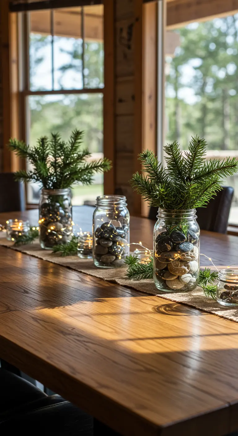 Mason jars on a burlap runner filled with rocks, lights, and pine sprigs.
