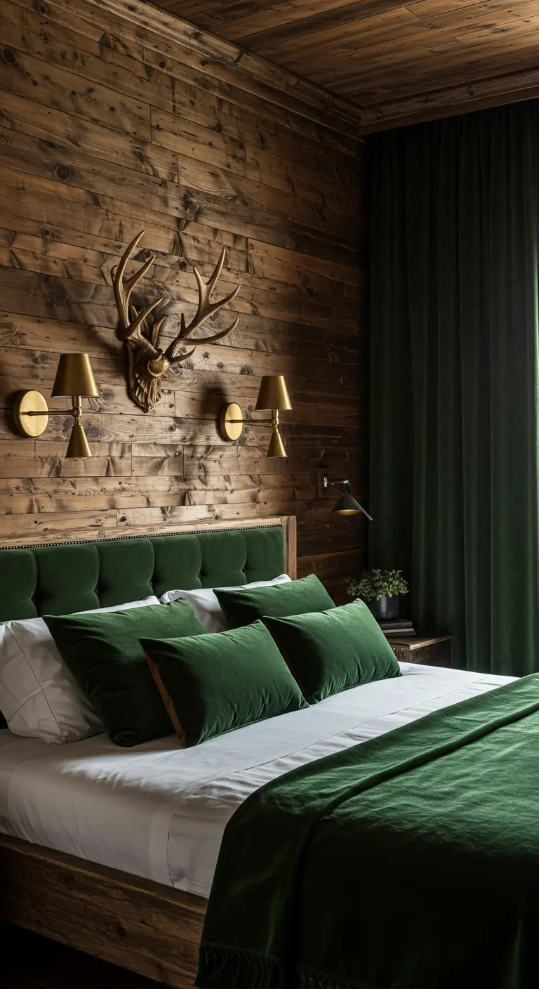 Rustic bedroom with wood paneling, a green velvet headboard, and gold wall sconces.