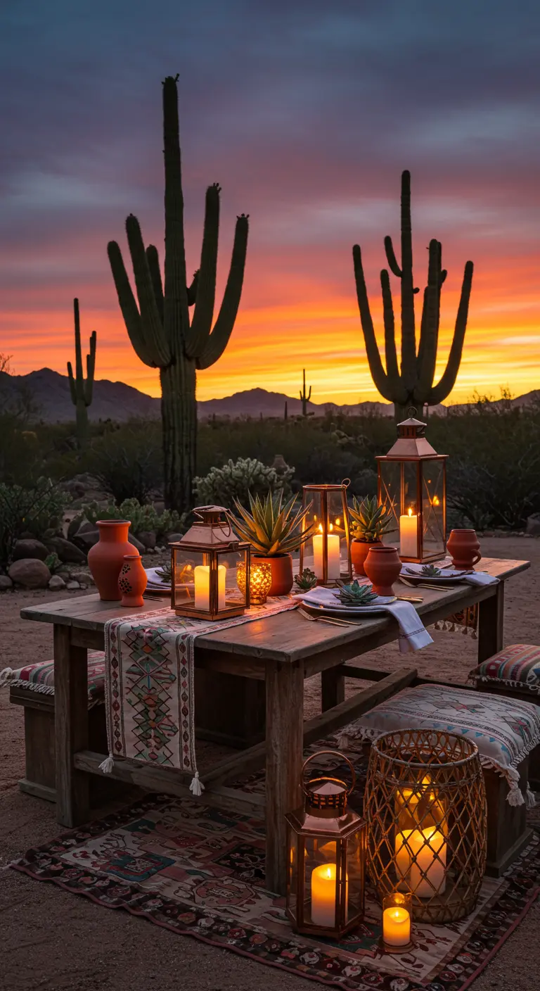 A rustic table set in the desert with copper lanterns, succulents, and patterned textiles.