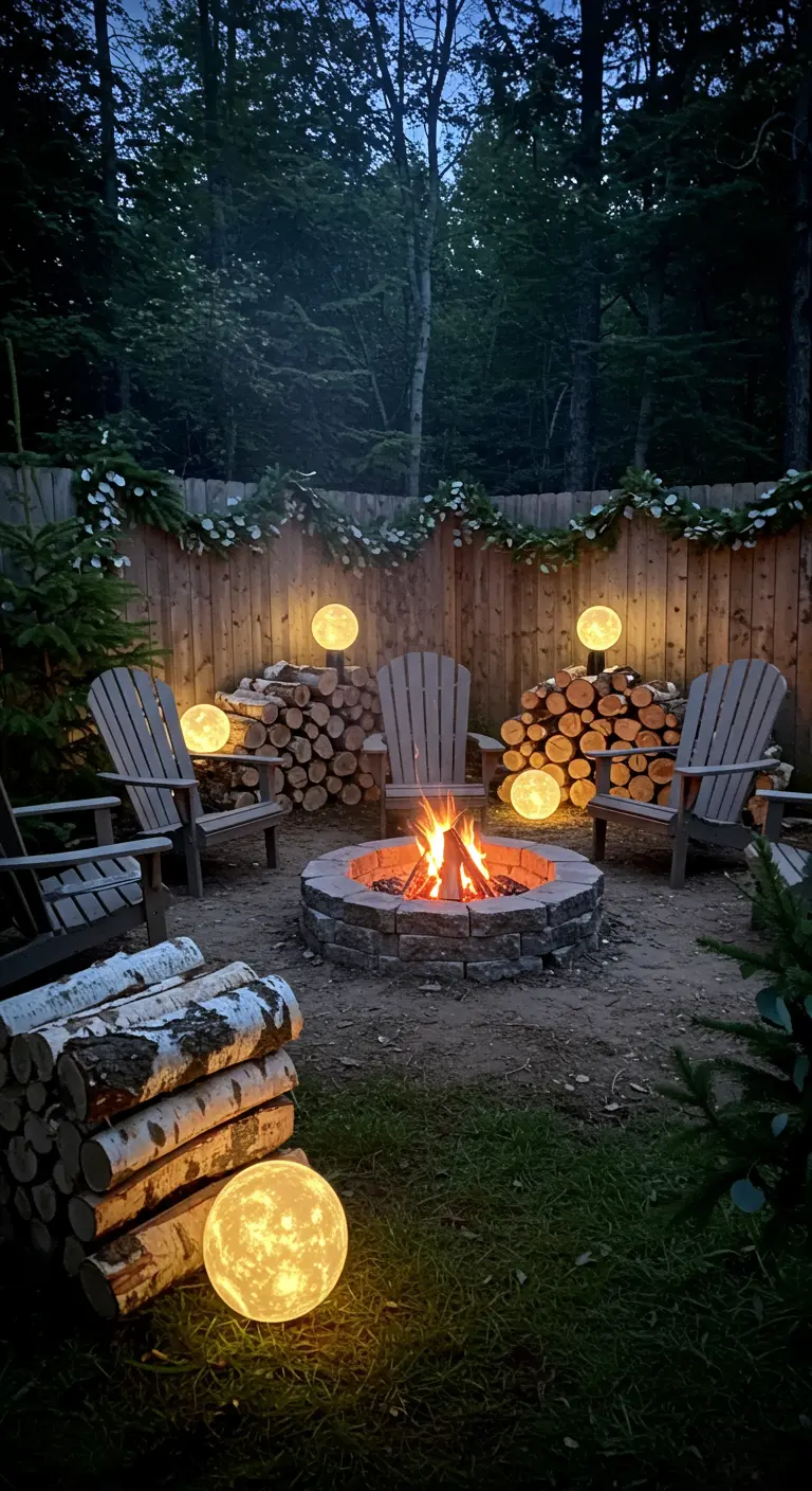 Cozy fire pit scene with Adirondack chairs, log piles, and moon-textured glowing orbs.