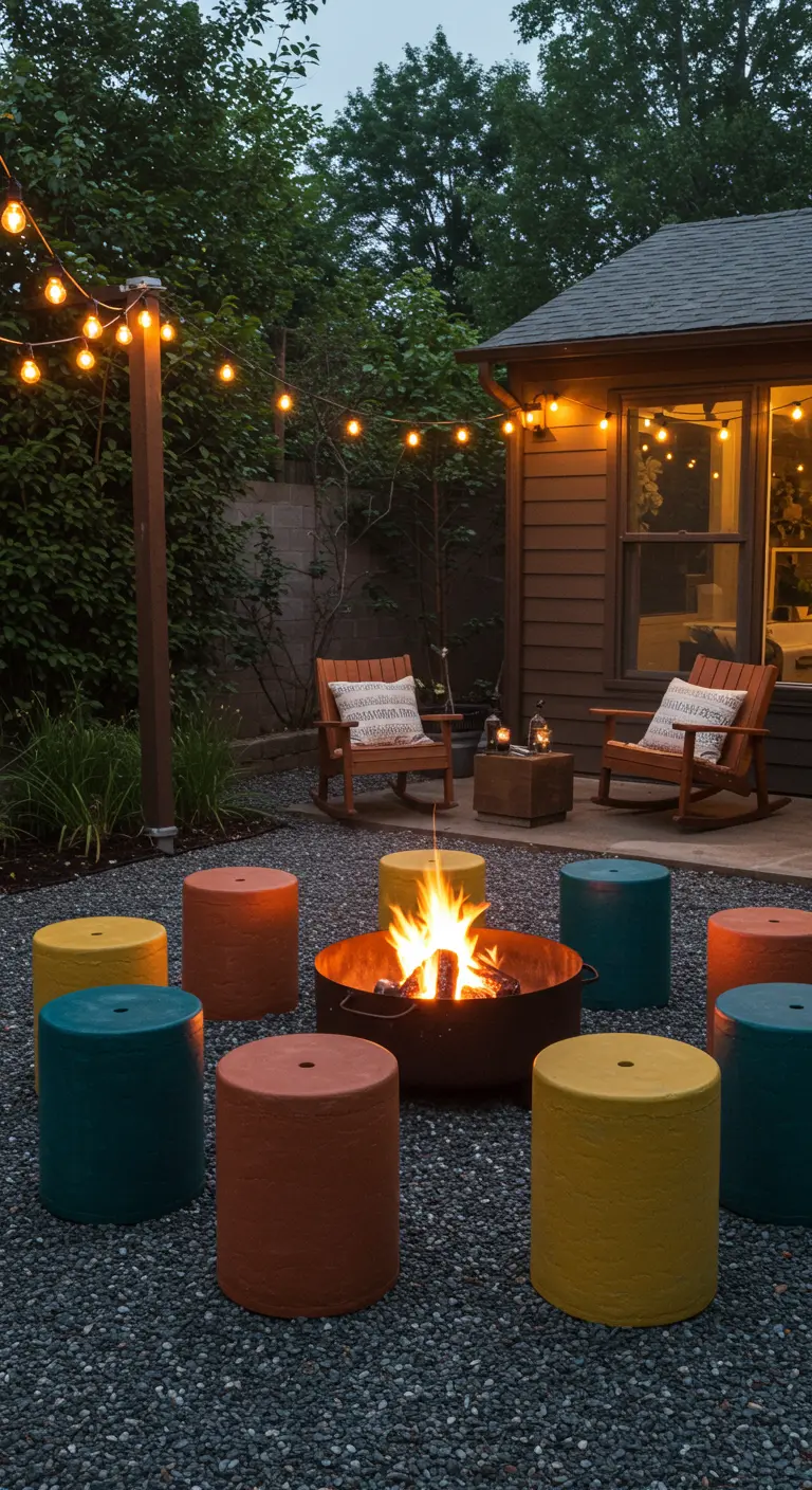 Colorful cylinder stools in earthy tones arranged around a crackling fire pit at dusk.