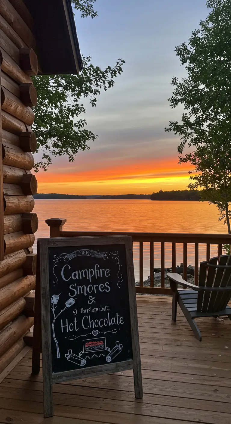 A chalkboard menu for s'mores on a deck overlooking a lake at sunset.