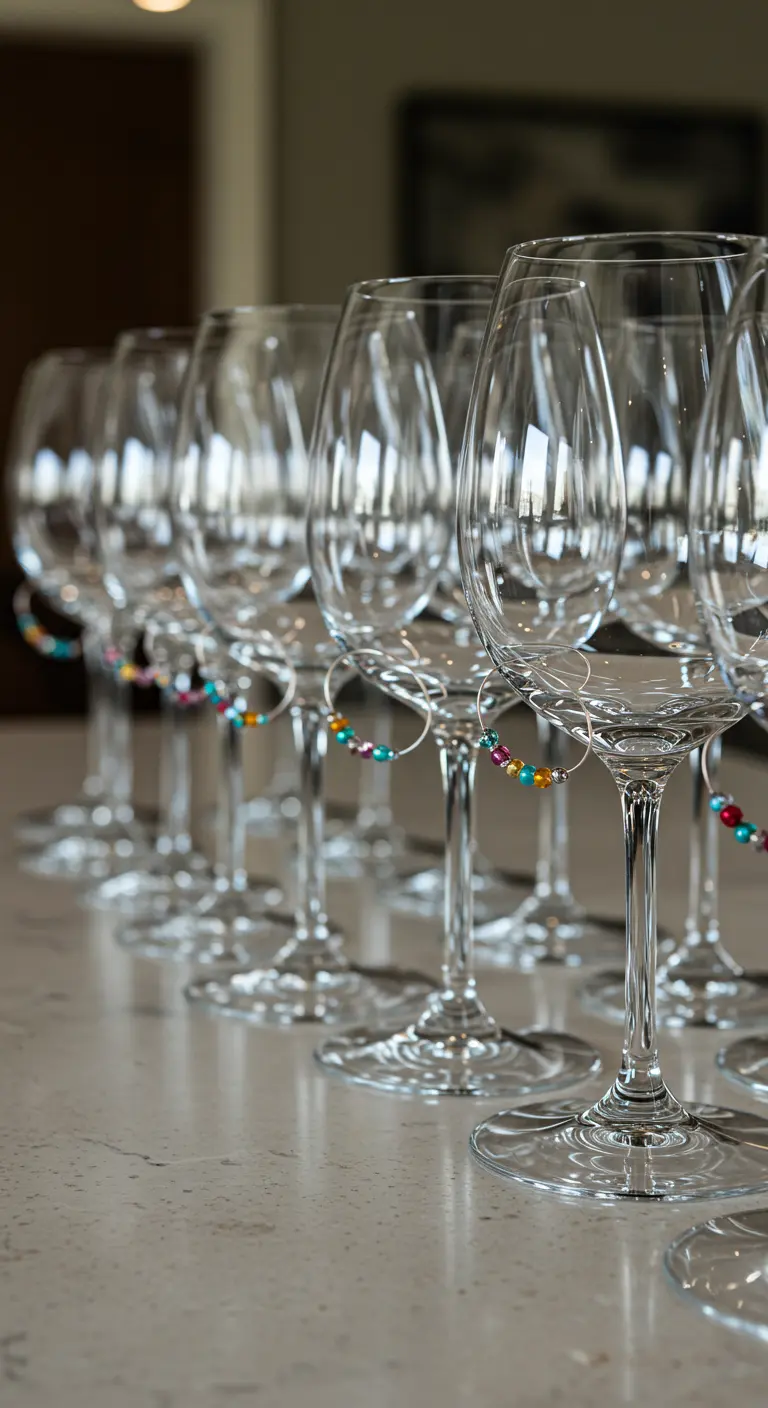Wine glasses lined up, each with a unique colorful beaded charm around the stem.