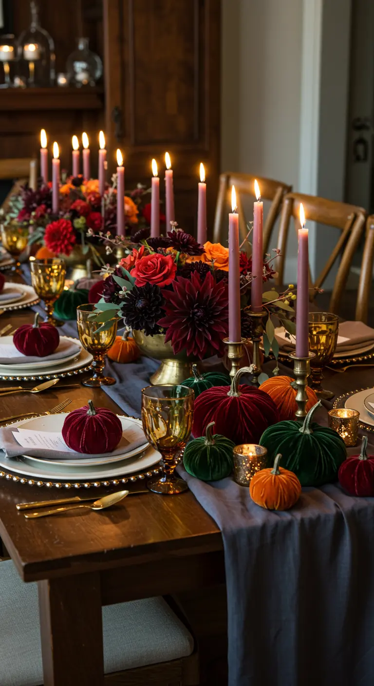 Elegant fall table with velvet pumpkins, amber goblets, and tall mauve candles.