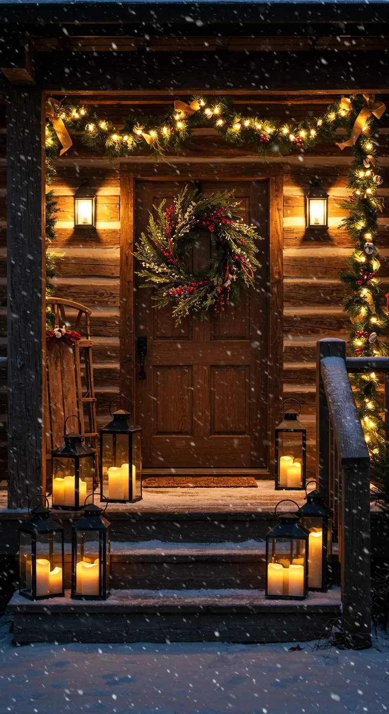 Snowy log cabin steps decorated with numerous glowing lanterns and a festive wreath on the door.