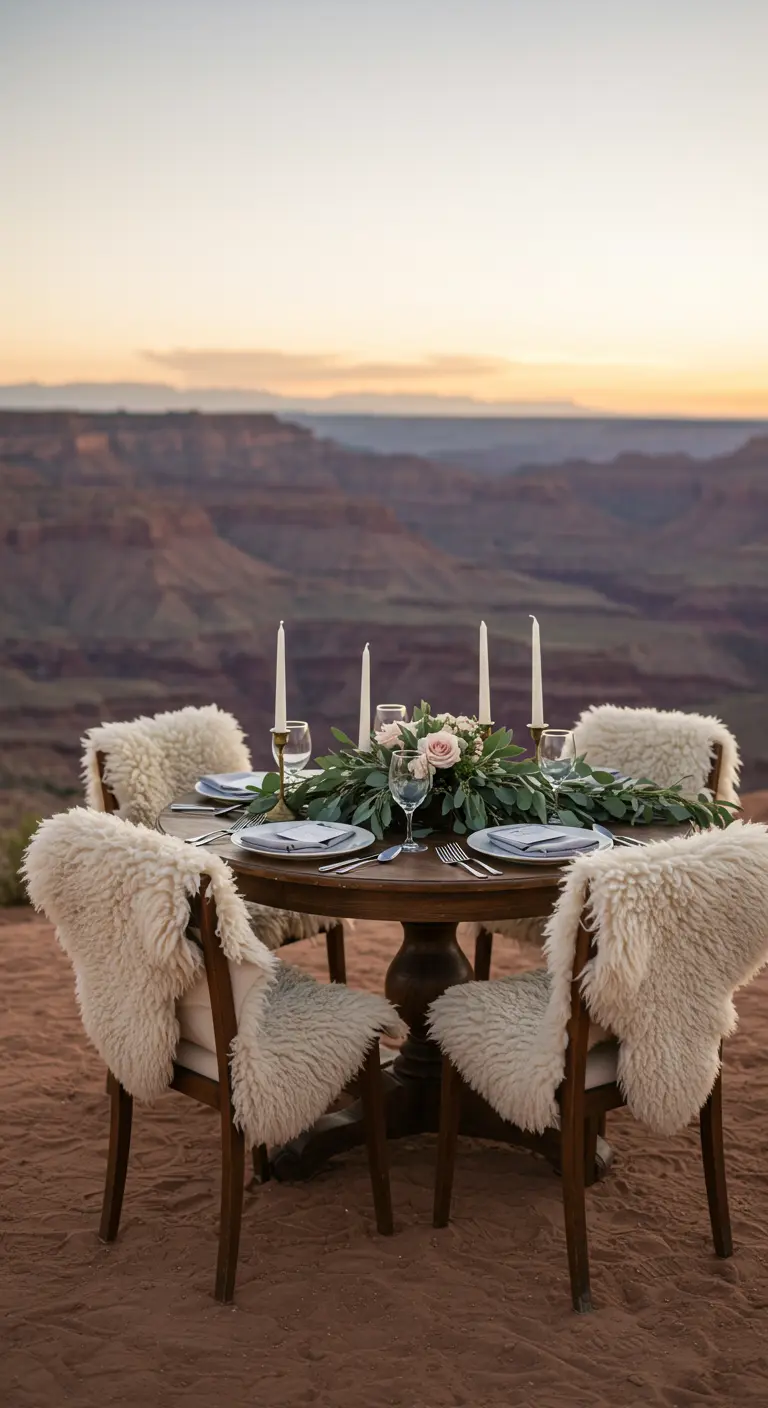 A round clifftop table with chairs draped in white faux sheepskin throws.