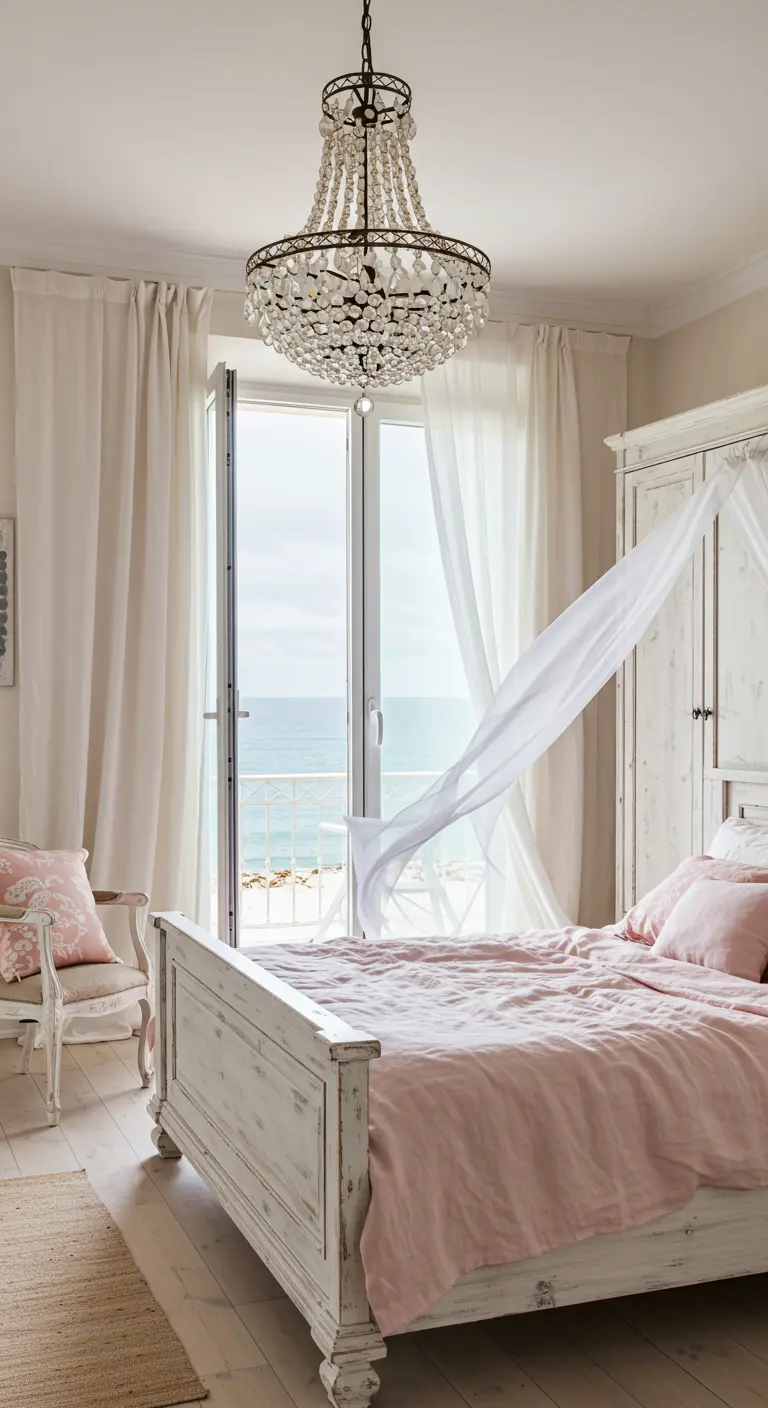 Coastal bedroom with distressed white furniture, pink linens, and a view of the sea.