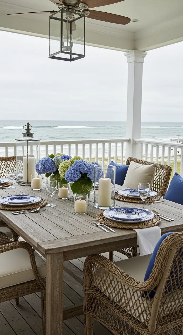 A coastal porch dining table with blue and white plates, wicker chairs, and hydrangeas.